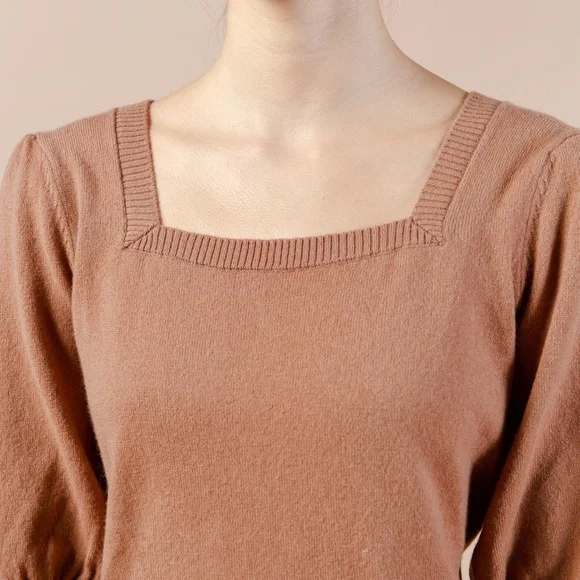 Puff Sleeve Cashmere Sweater w Silk Bow, Square Neck Knit, Silk Bow Tie Back - Picture 6 of 12